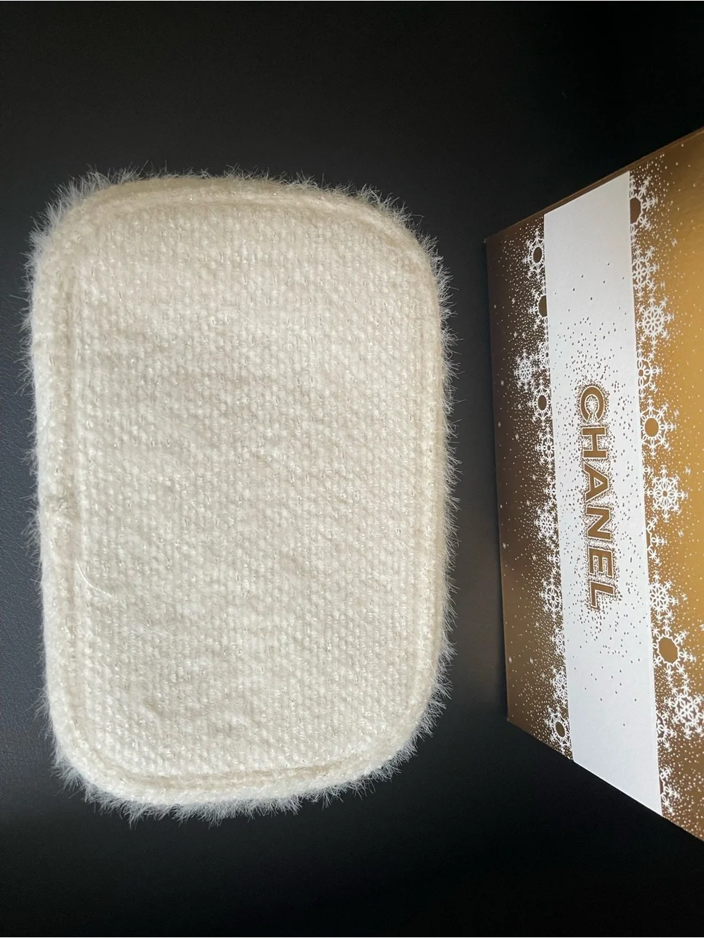 CHANEL Cream Faux-Fur Cosmetic Pouch with Gold Logo. Limited edition